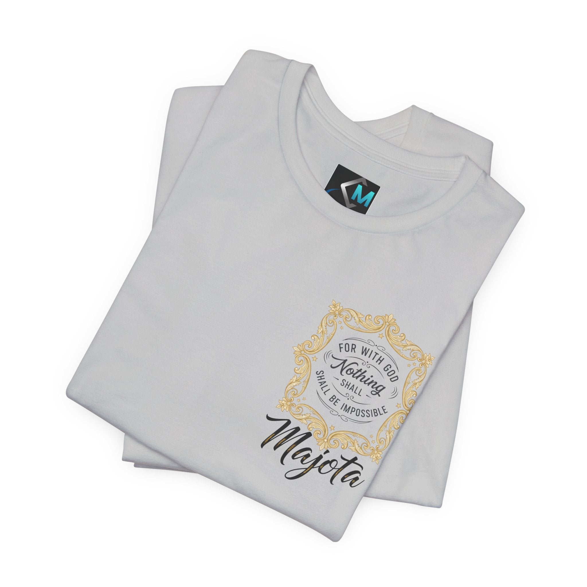Majeta Script Frame Tee — "No Note, No Worry" White Short Sleeve T-Shirt