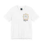 Majeta Script Frame Tee — "No Note, No Worry" White Short Sleeve T-Shirt