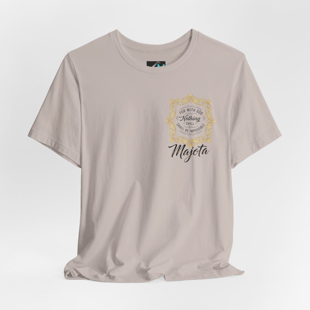 Majeta Script Frame Tee — "No Note, No Worry" White Short Sleeve T-Shirt