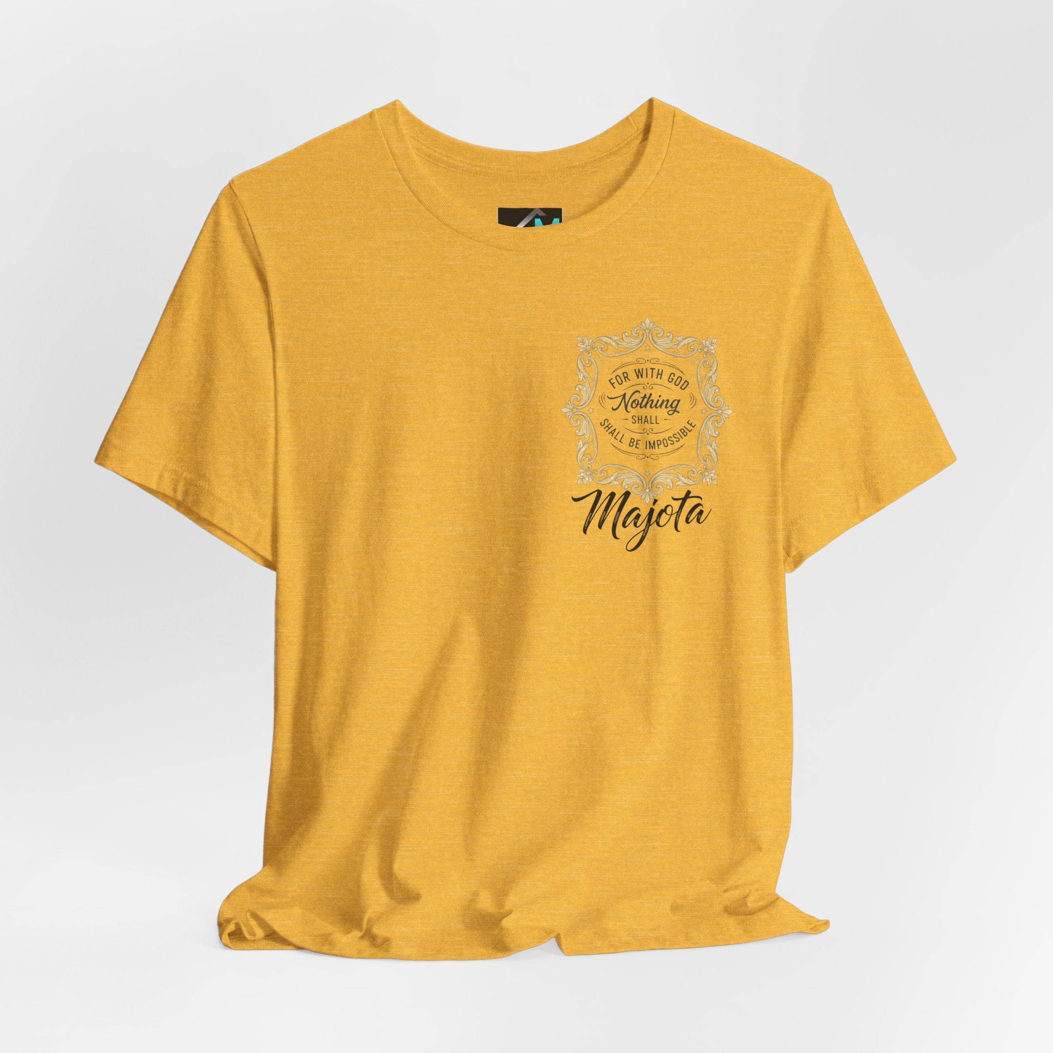 Majeta Script Frame Tee — "No Note, No Worry" White Short Sleeve T-Shirt