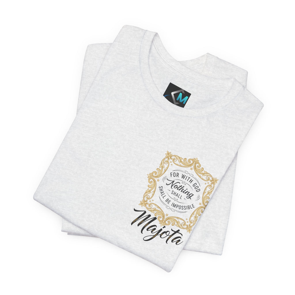 Majeta Script Frame Tee — "No Note, No Worry" White Short Sleeve T-Shirt