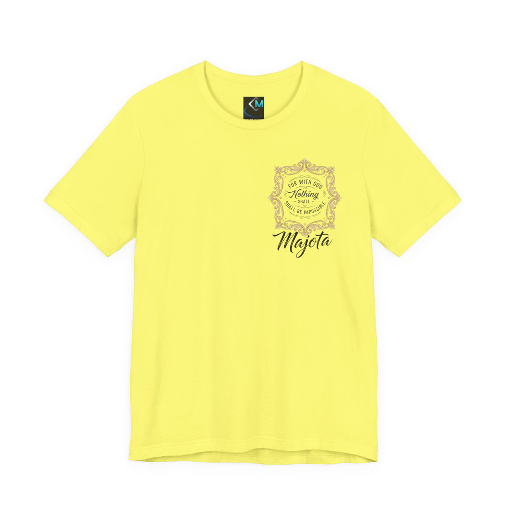 Majeta Script Frame Tee — "No Note, No Worry" White Short Sleeve T-Shirt