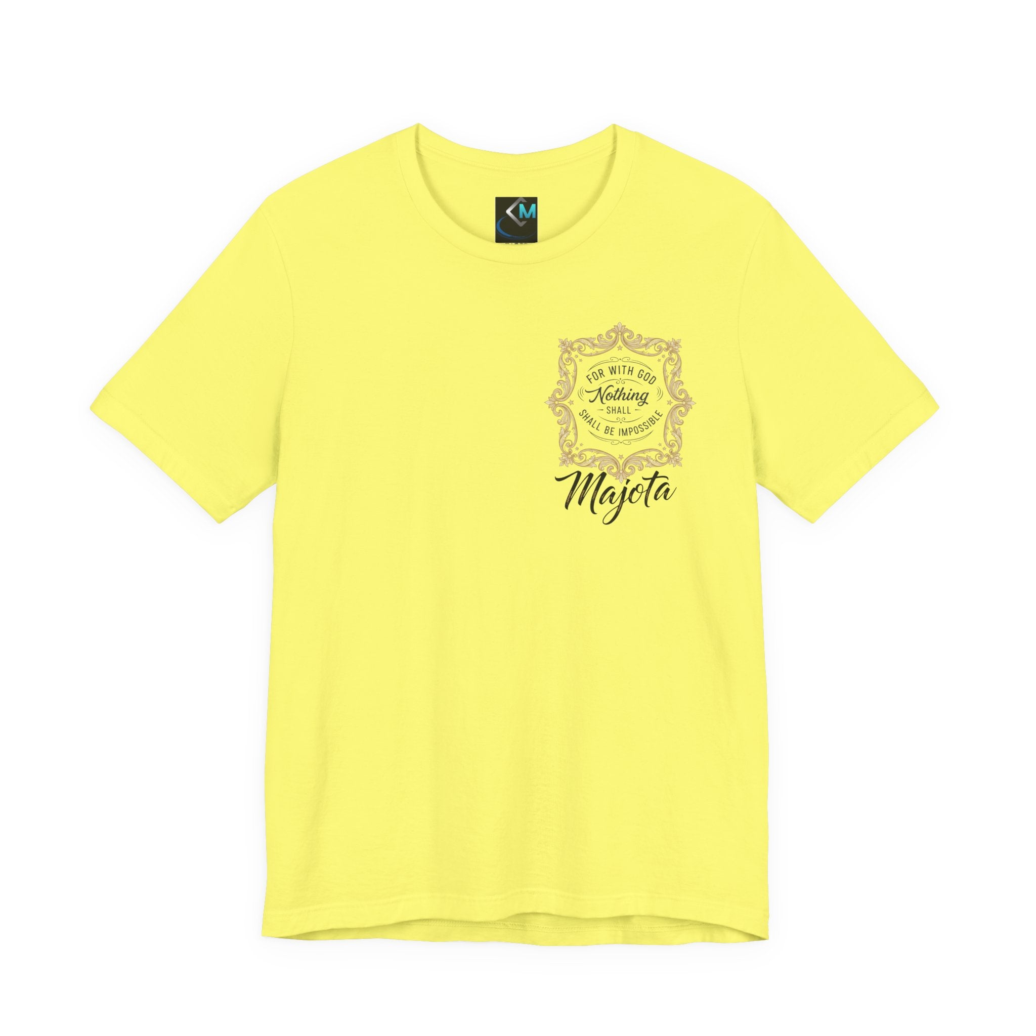 Majeta Script Frame Tee — "No Note, No Worry" White Short Sleeve T-Shirt