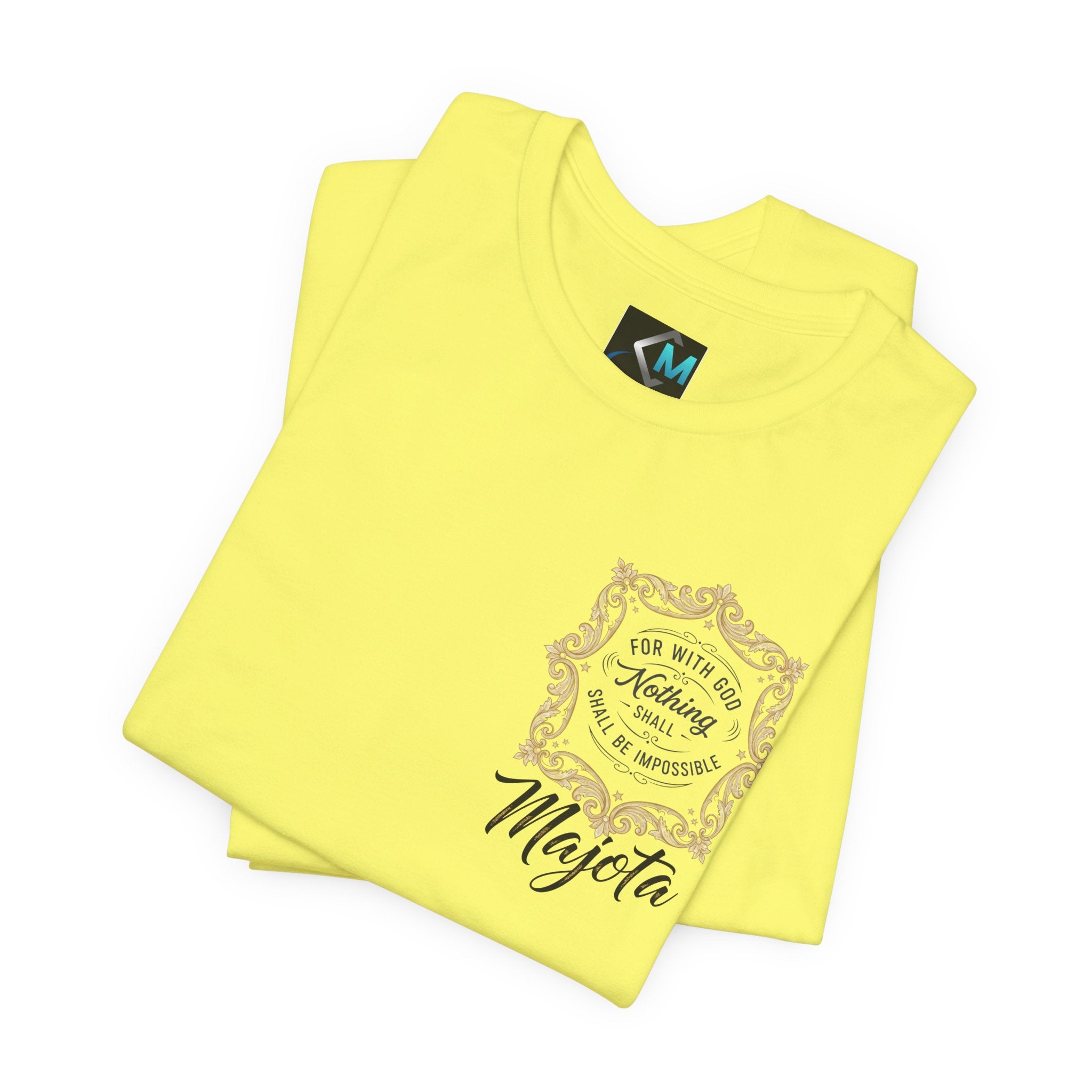 Majeta Script Frame Tee — "No Note, No Worry" White Short Sleeve T-Shirt