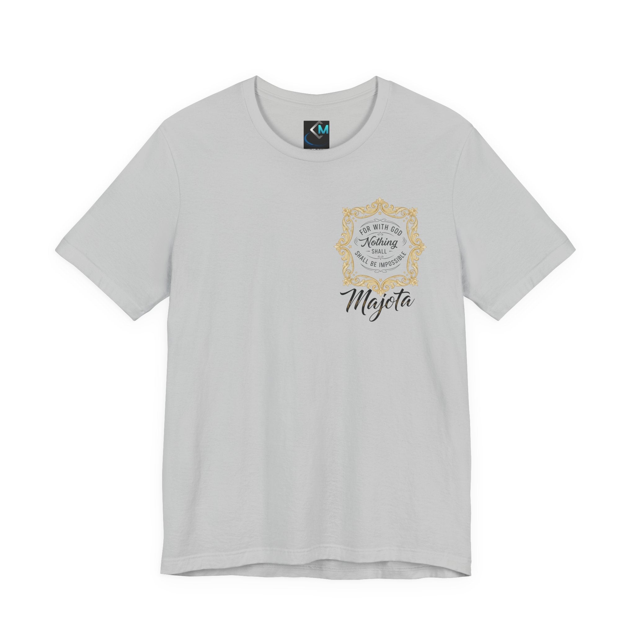 Majeta Script Frame Tee — "No Note, No Worry" White Short Sleeve T-Shirt