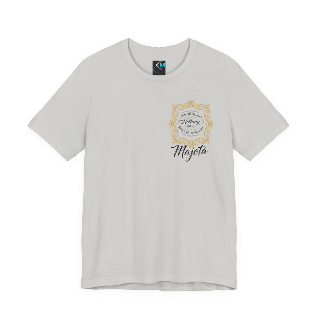 Majeta Script Frame Tee — "No Note, No Worry" White Short Sleeve T-Shirt