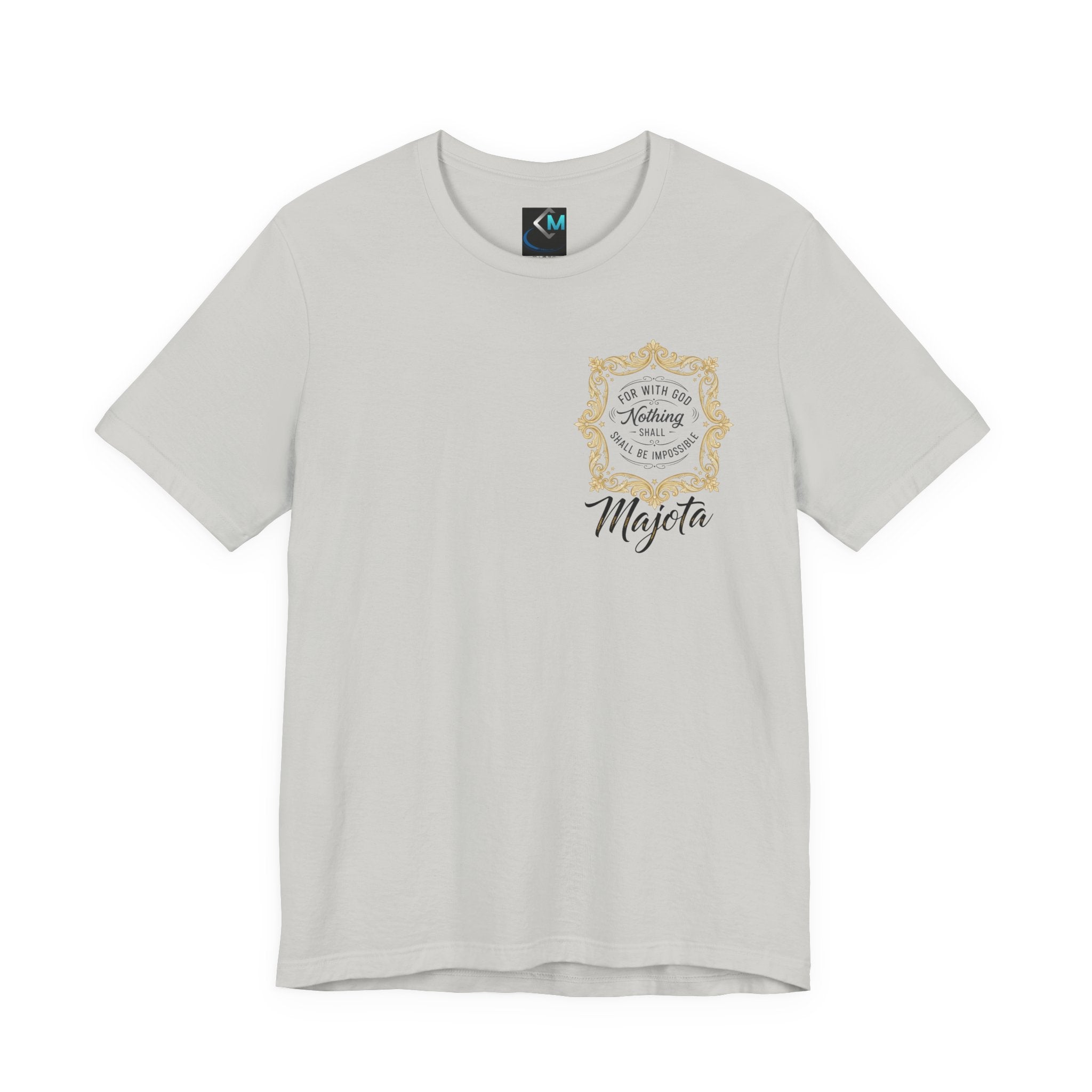 Majeta Script Frame Tee — "No Note, No Worry" White Short Sleeve T-Shirt