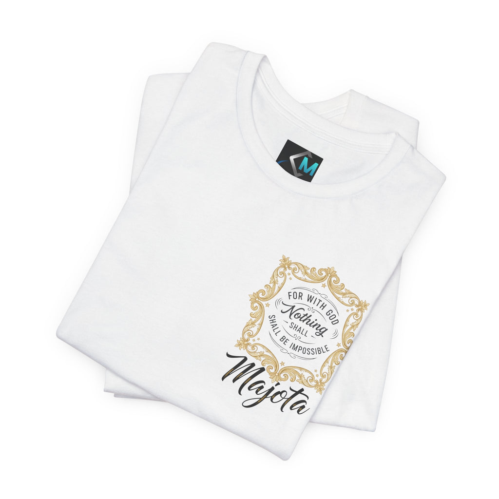 Majeta Script Frame Tee — "No Note, No Worry" White Short Sleeve T-Shirt