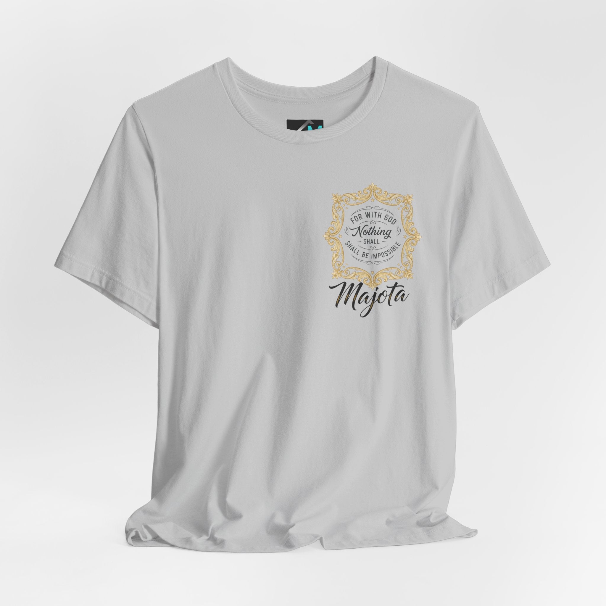 Majeta Script Frame Tee — "No Note, No Worry" White Short Sleeve T-Shirt