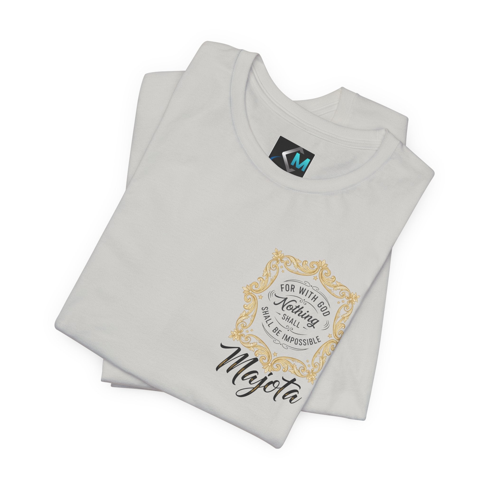 Majeta Script Frame Tee — "No Note, No Worry" White Short Sleeve T-Shirt