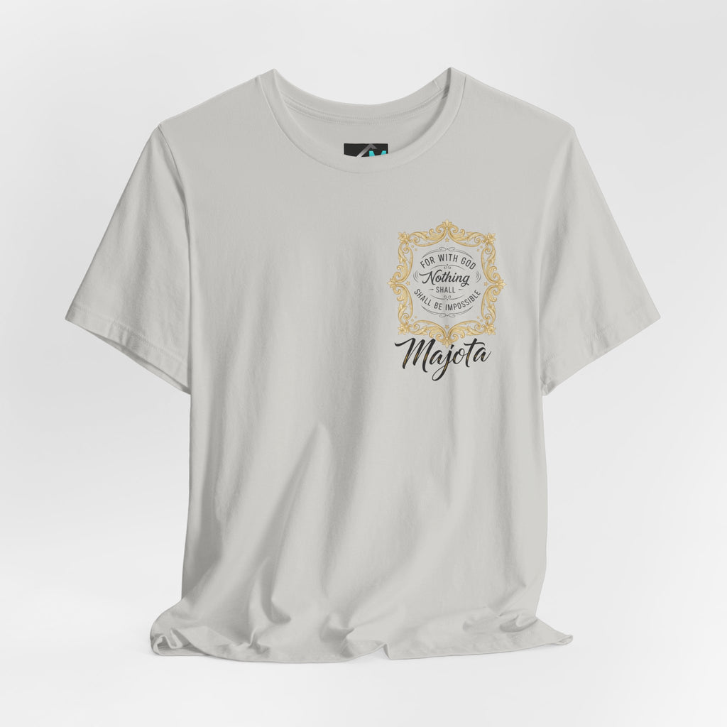 Majeta Script Frame Tee — "No Note, No Worry" White Short Sleeve T-Shirt