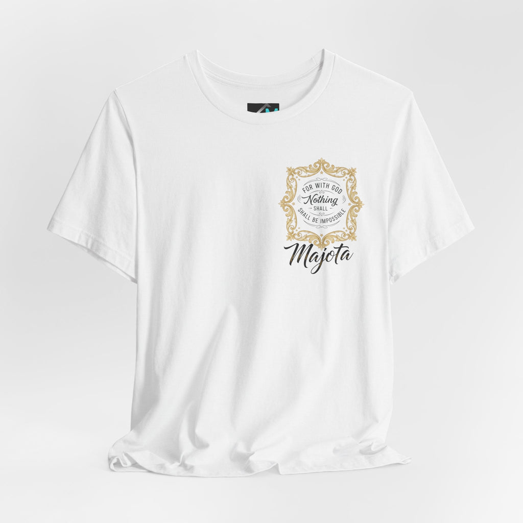 Majeta Script Frame Tee — "No Note, No Worry" White Short Sleeve T-Shirt
