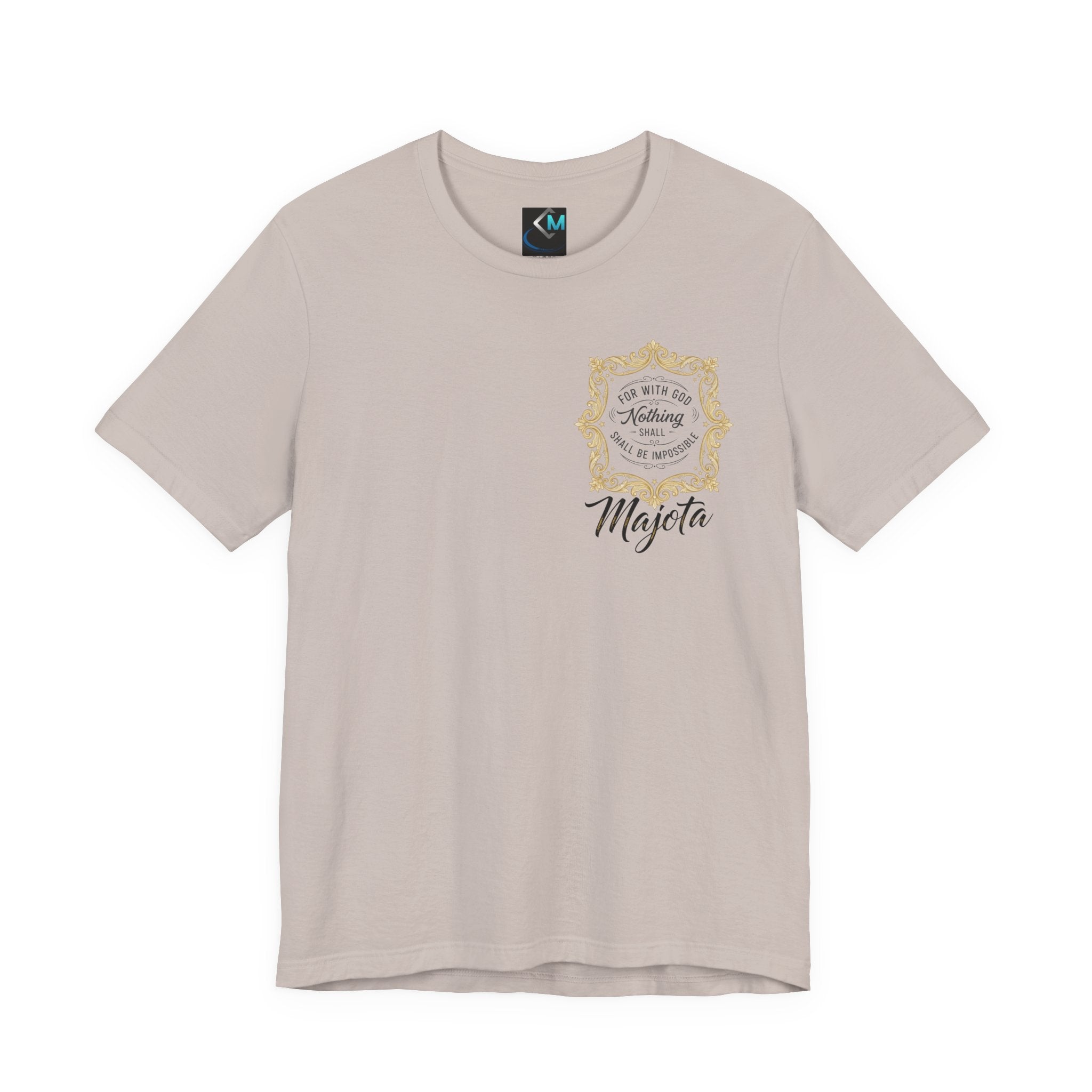 Majeta Script Frame Tee — "No Note, No Worry" White Short Sleeve T-Shirt