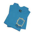 Majeta Script Frame Tee — "No Note, No Worry" White Short Sleeve T-Shirt