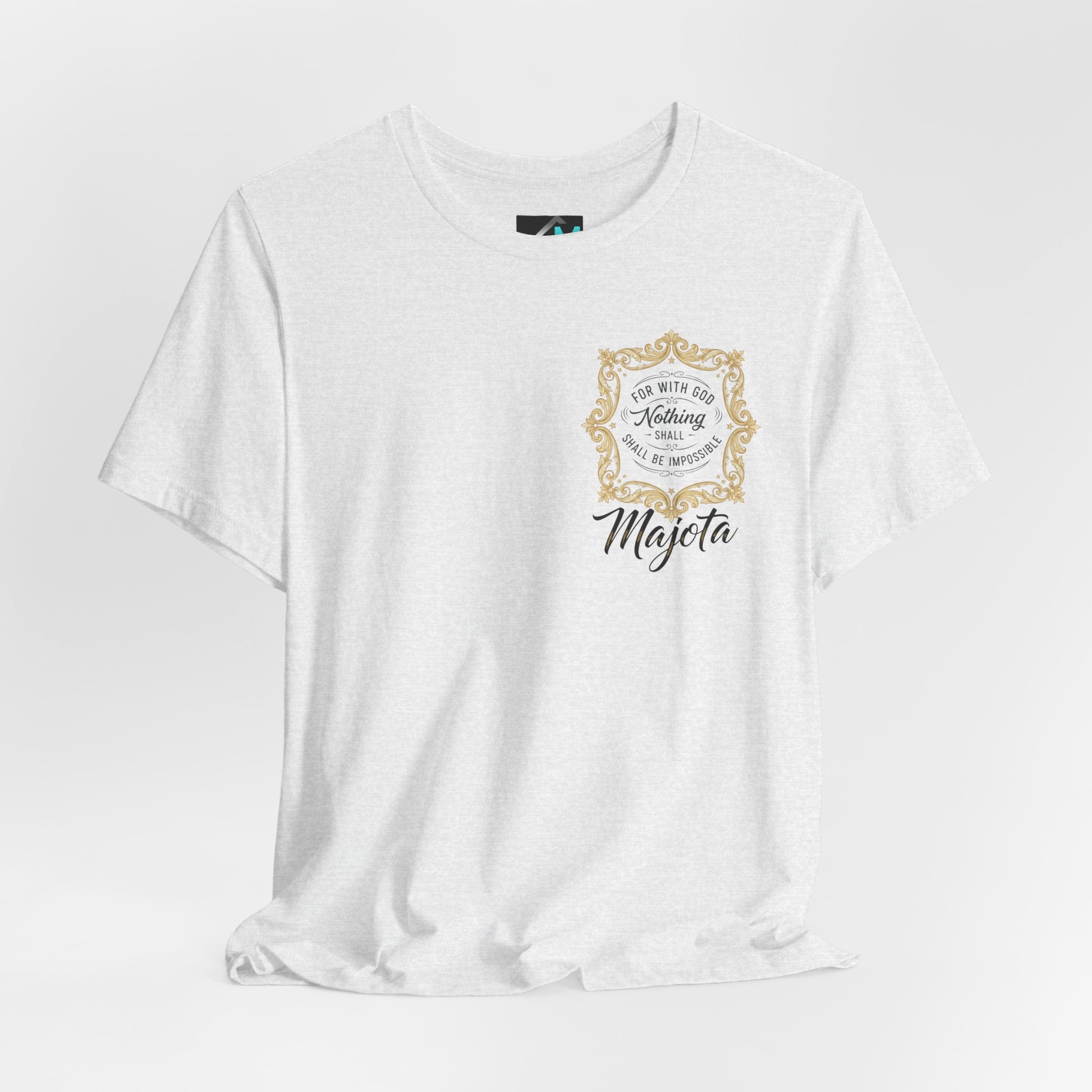 Majeta Script Frame Tee — "No Note, No Worry" White Short Sleeve T-Shirt