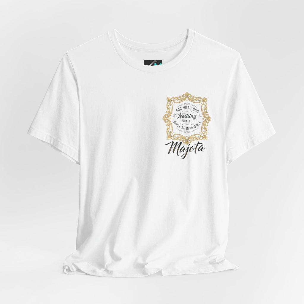 Majeta Script Frame Tee — "No Note, No Worry" White Short Sleeve T-Shirt