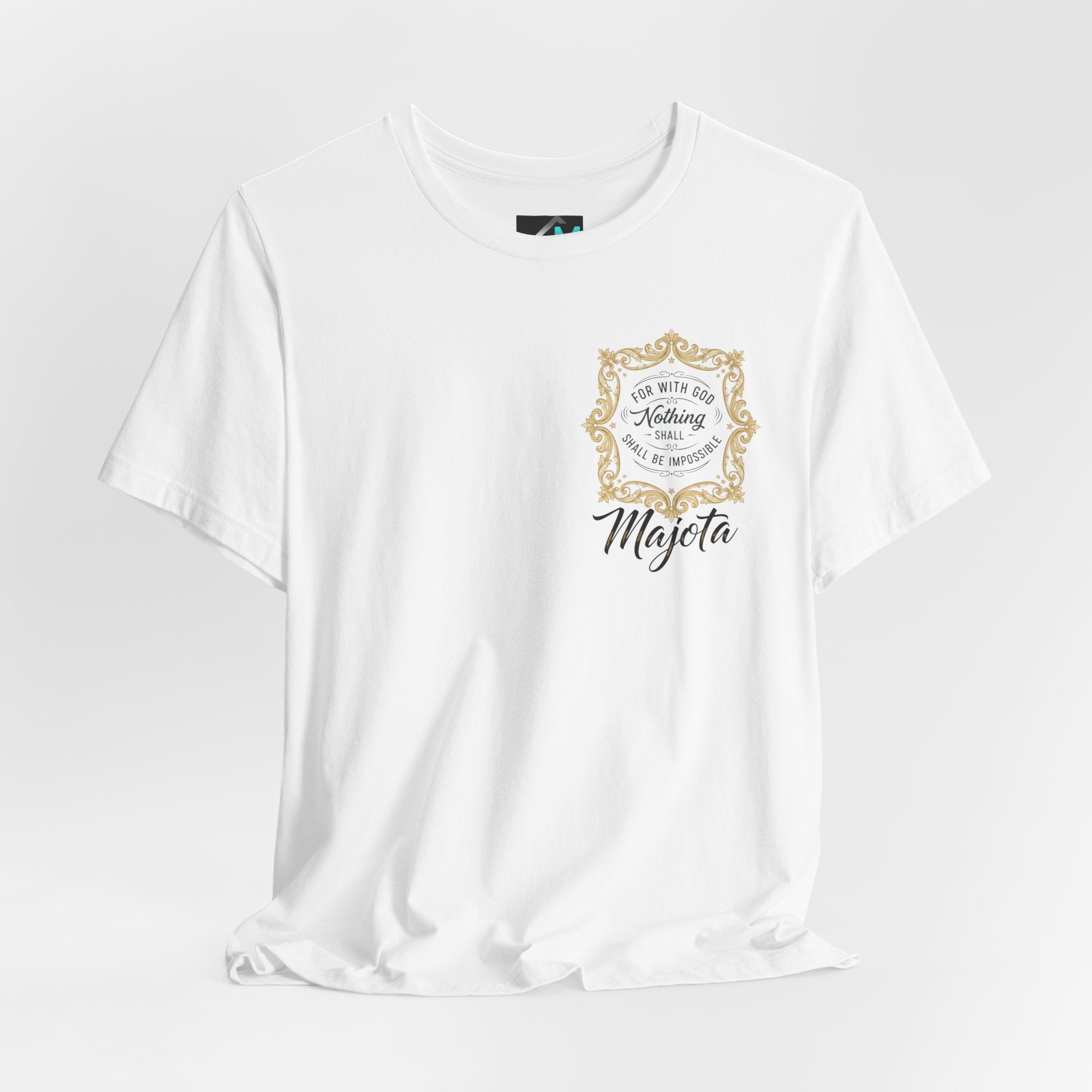 Majeta Script Frame Tee — "No Note, No Worry" White Short Sleeve T-Shirt