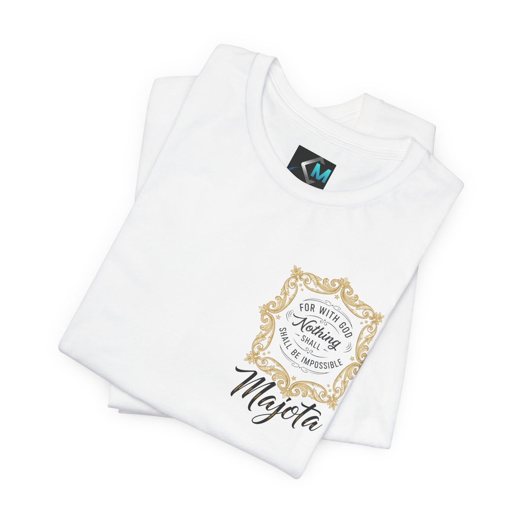 Majeta Script Frame Tee — "No Note, No Worry" White Short Sleeve T-Shirt