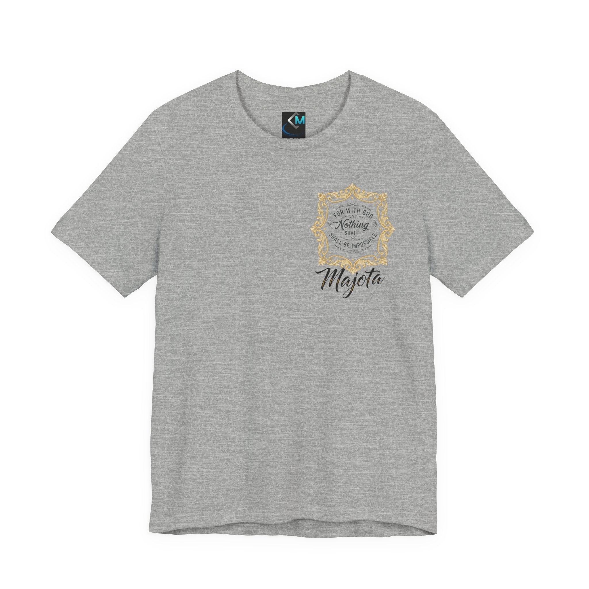 Majeta Script Frame Tee — "No Note, No Worry" White Short Sleeve T-Shirt
