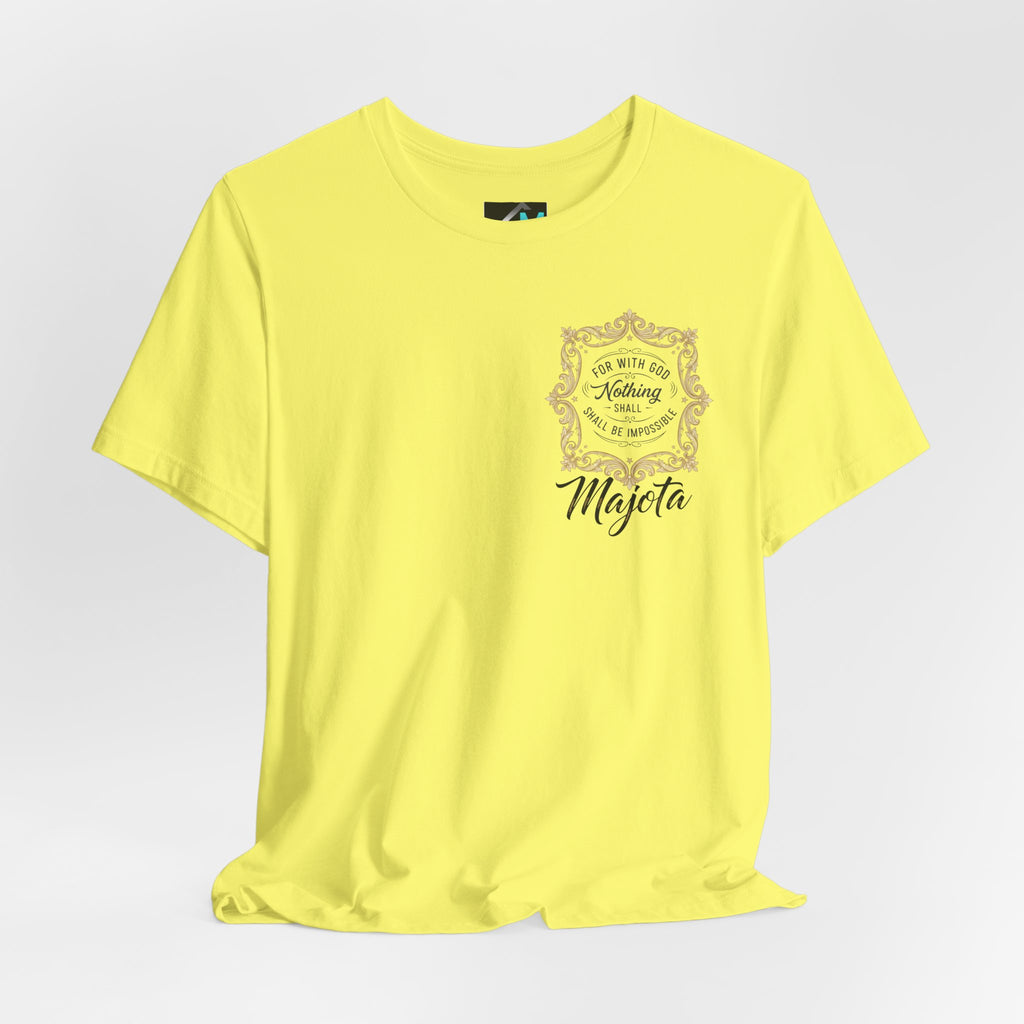 Majeta Script Frame Tee — "No Note, No Worry" White Short Sleeve T-Shirt