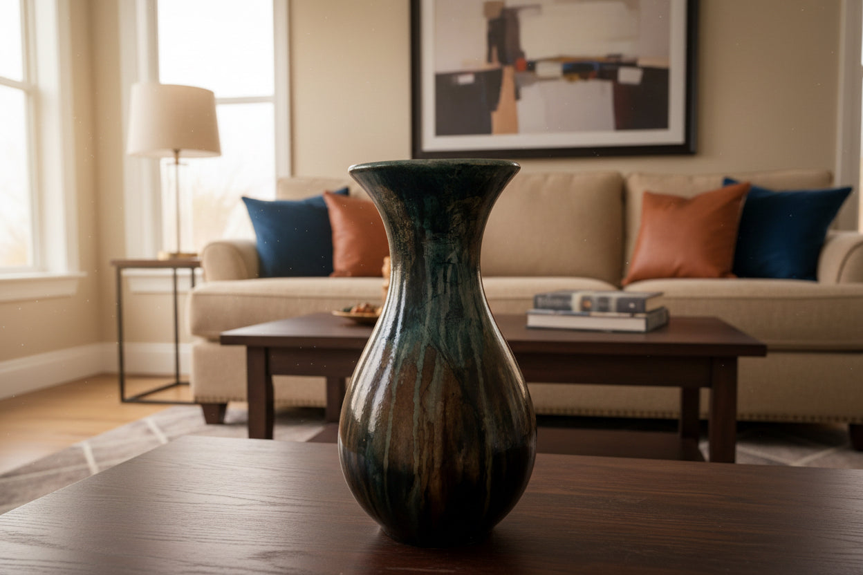 Earthy Acrylic Poured Vase With A Dark Shades Of Black And Brown