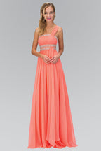 One Shoulder Floor Length Empire Dress with Jewel Detailing