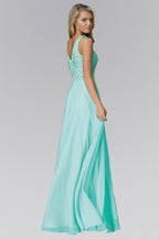 V Neck and Back Chiffon Floor Length Dress with Jewel and Sequin Bodice